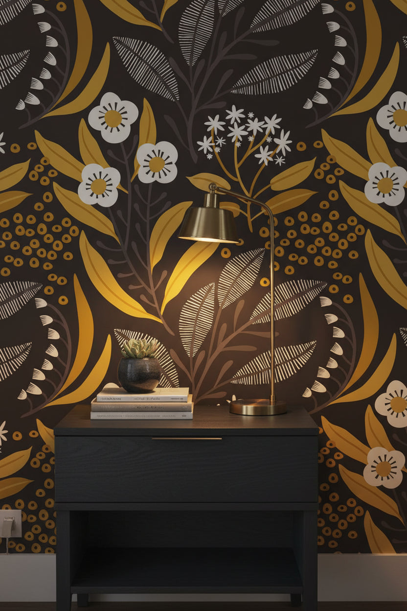 Black and Gold Look Wildflower Botanical Wallpaper
