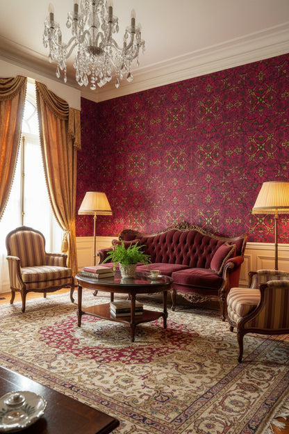 Rich Burgundy Art Deco Floral Wallpaper