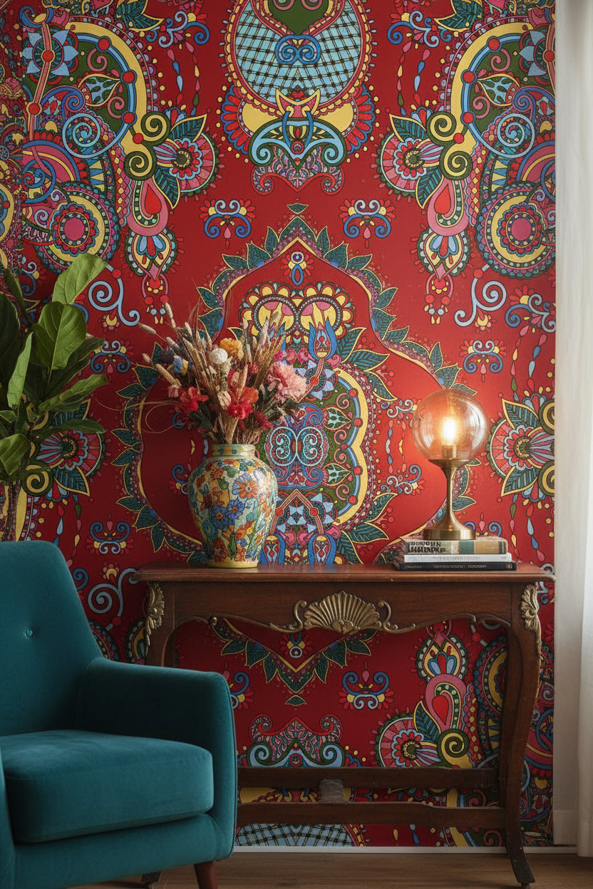 Vibrant Red Bohemian Art Pattern Wallpaper