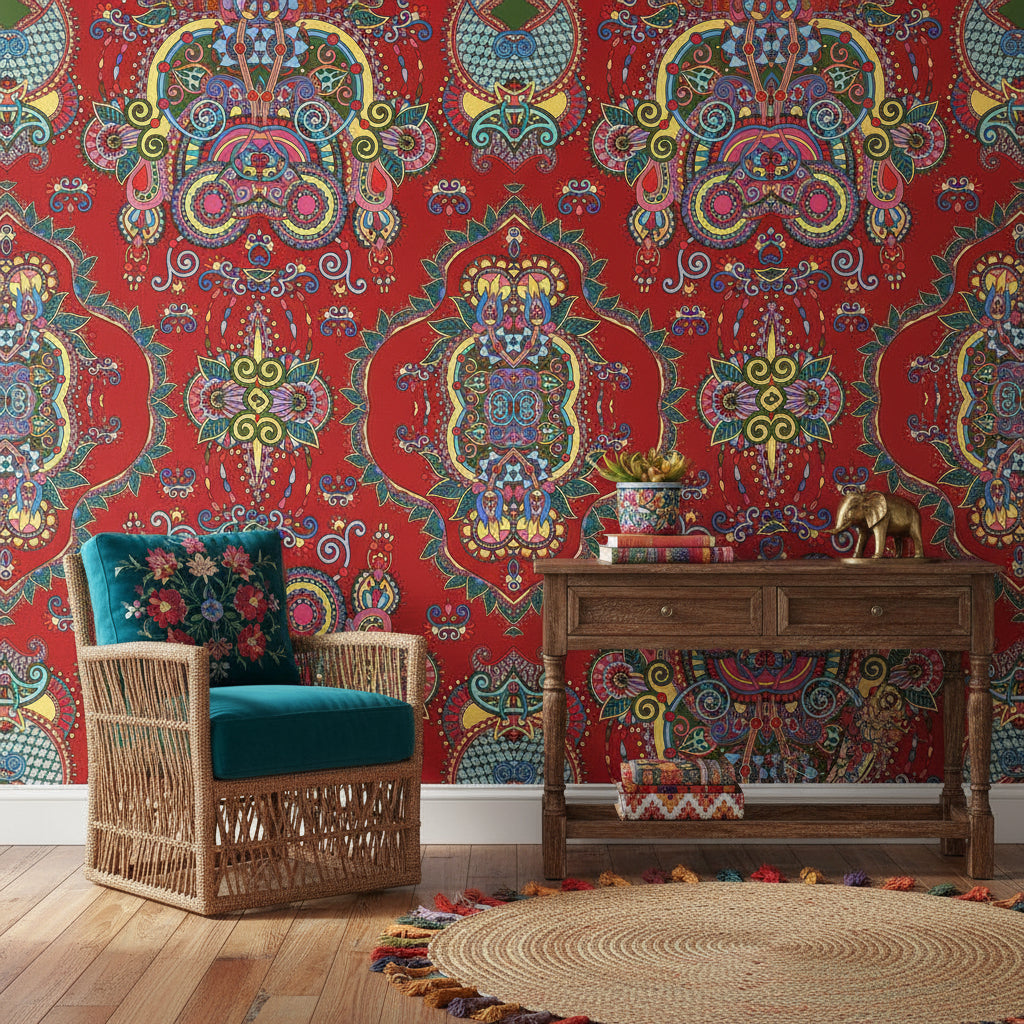 Vibrant Red Bohemian Art Pattern Wallpaper
