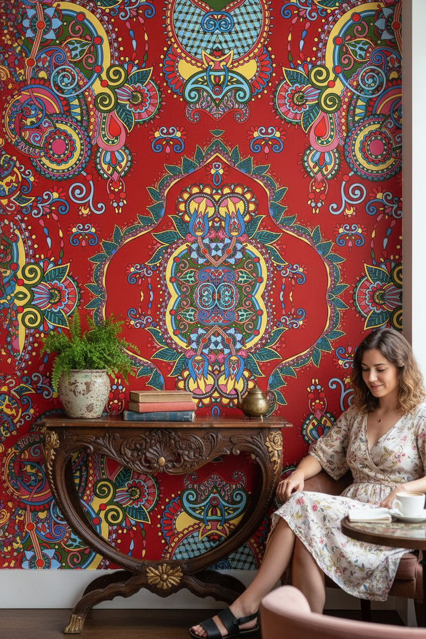 Vibrant Red Bohemian Art Pattern Wallpaper