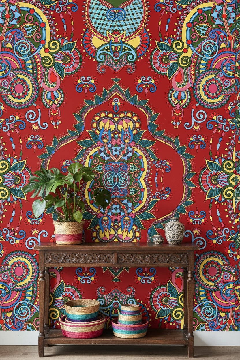 Vibrant Red Bohemian Art Pattern Wallpaper