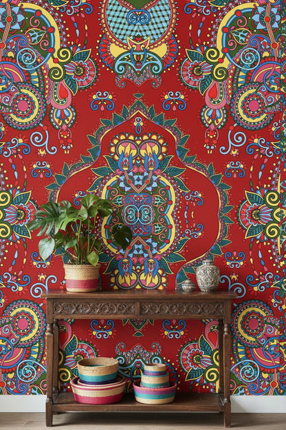 Vibrant Red Bohemian Art Pattern Wallpaper