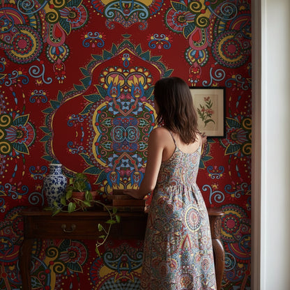 Vibrant Red Bohemian Art Pattern Wallpaper