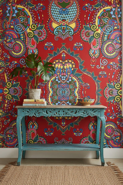 Vibrant Red Bohemian Art Pattern Wallpaper
