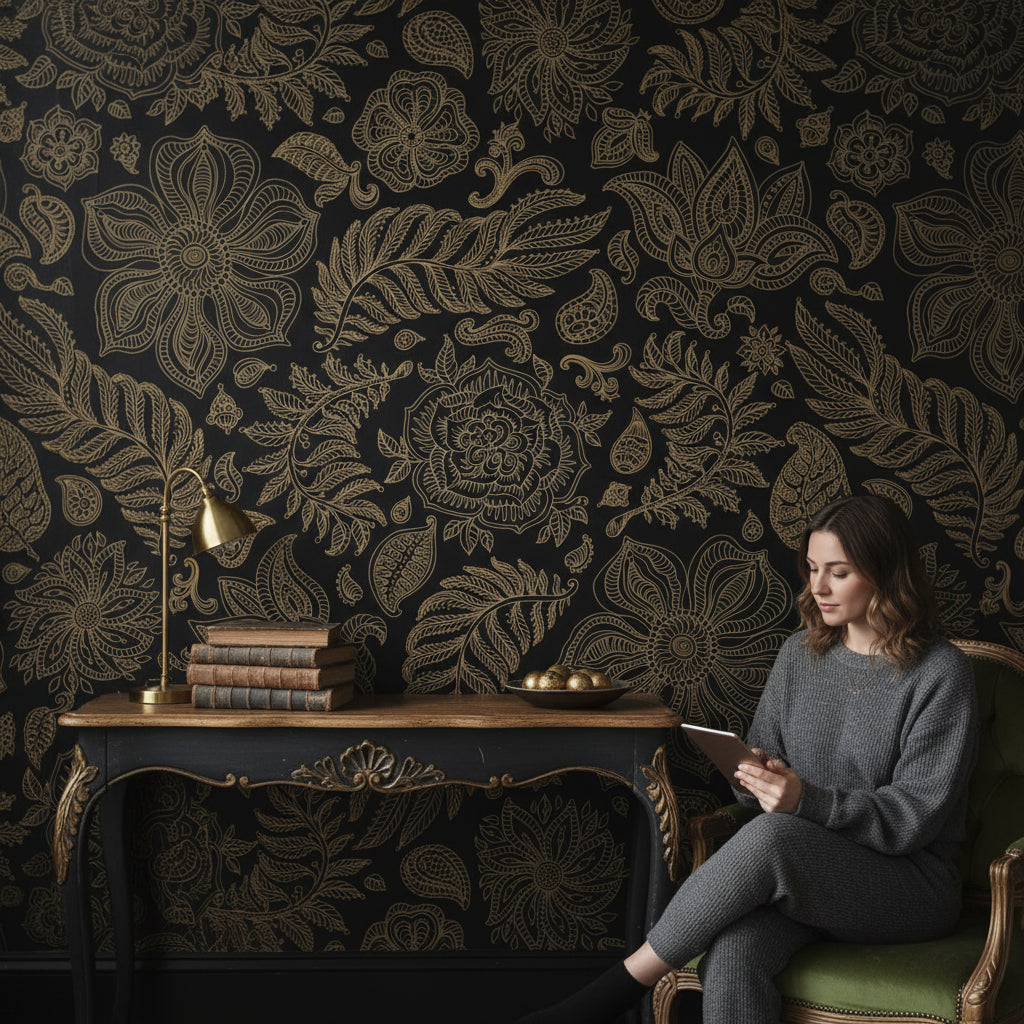 Luxurious Gold Look on Black Floral Pattern Wallpaper