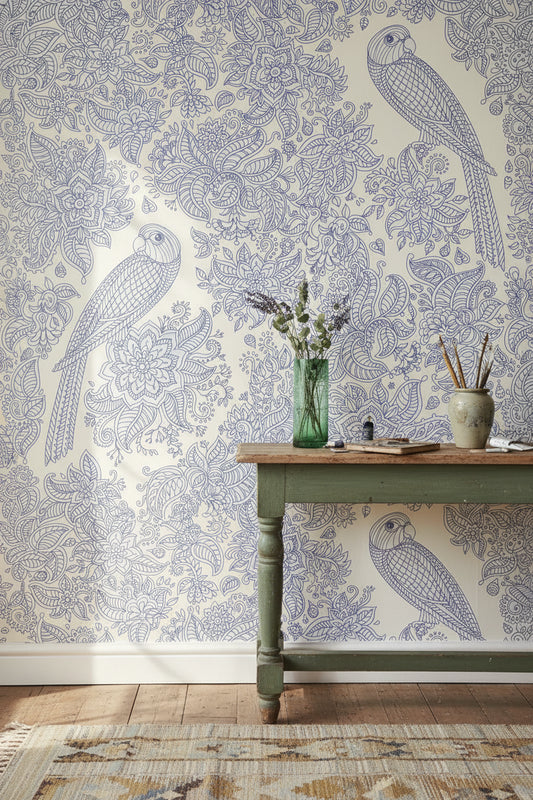 Cream and Blue Ornate Parrot Floral Wallpaper