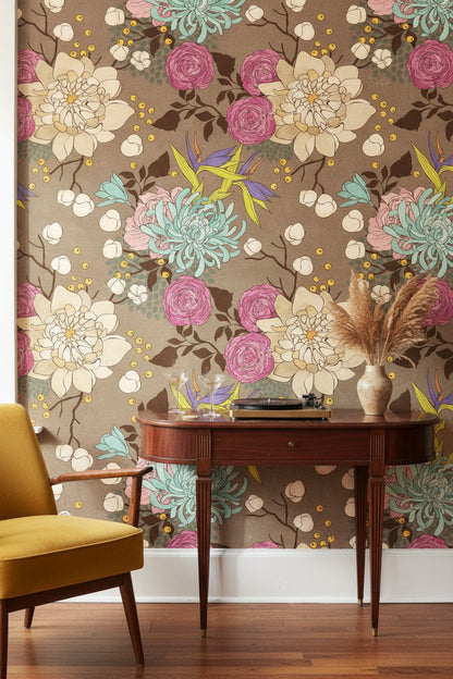 Vintage Taupe Floral Pattern Wallpaper