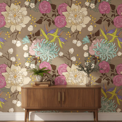 Vintage Taupe Floral Pattern Wallpaper