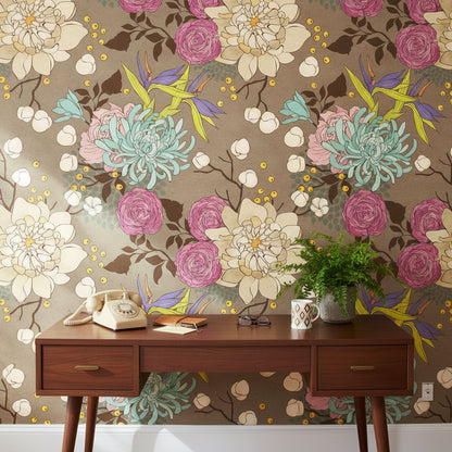 Vintage Taupe Floral Pattern Wallpaper