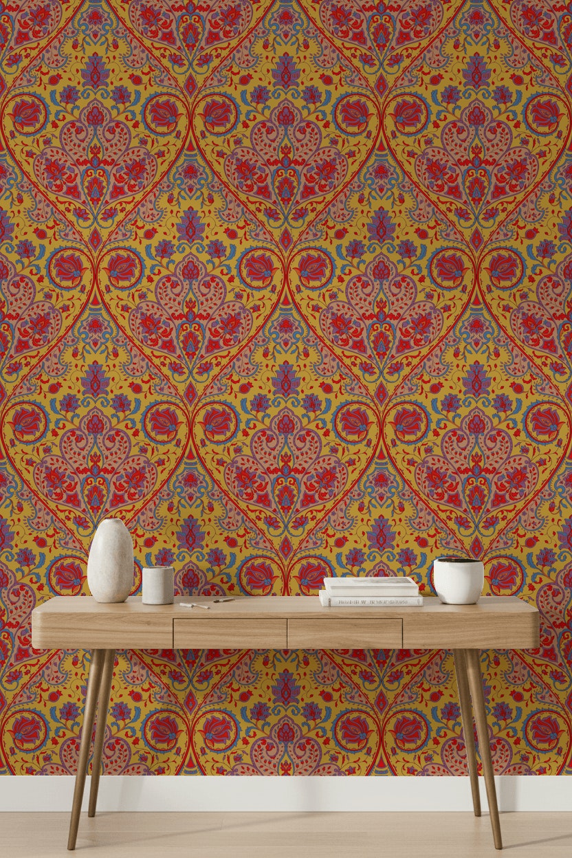 Vibrant Yellow and Red Damask Pattern Wallpaper