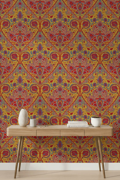 Vibrant Yellow and Red Damask Pattern Wallpaper