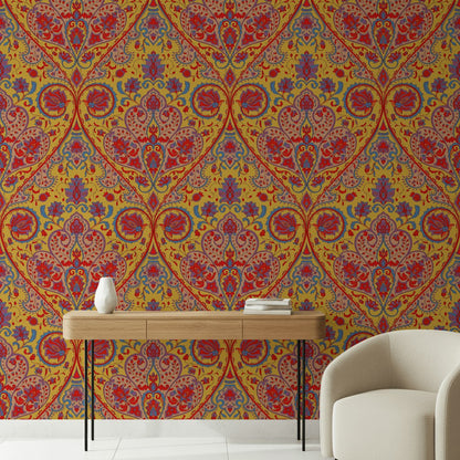 Vibrant Yellow and Red Damask Pattern Wallpaper
