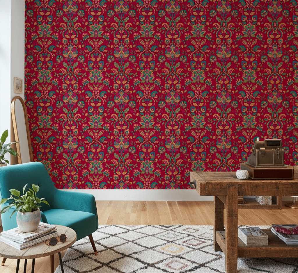 Rich Burgundy Damask Floral Wallpaper