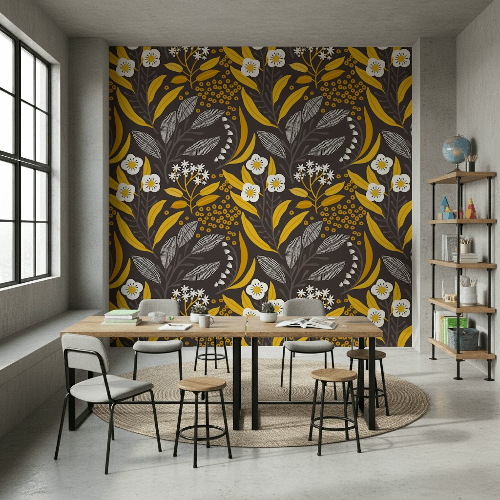 Black and Gold Look Wildflower Botanical Wallpaper