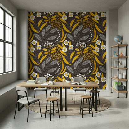 Black and Gold Look Wildflower Botanical Wallpaper