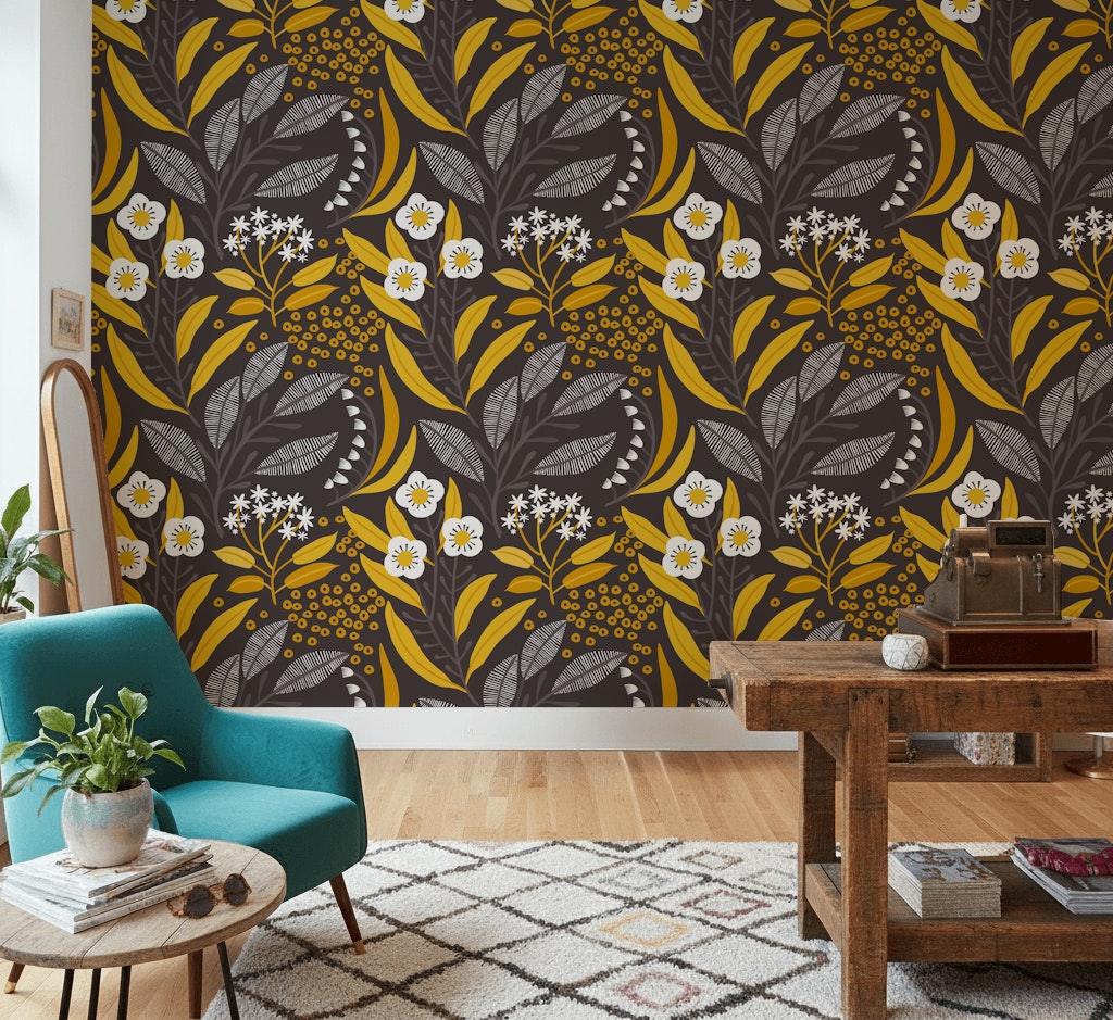 Black and Gold Look Wildflower Botanical Wallpaper