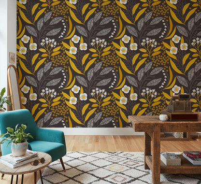 Black and Gold Look Wildflower Botanical Wallpaper