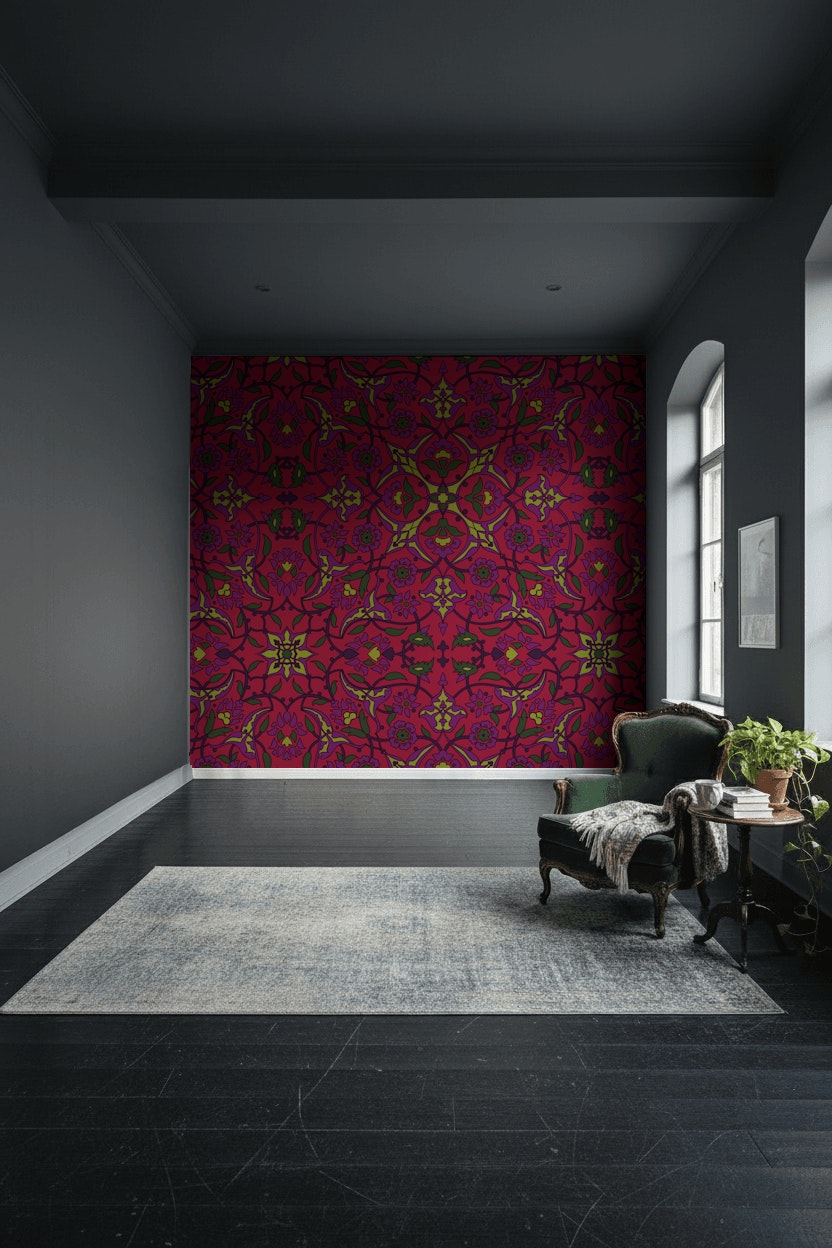 Rich Burgundy Art Deco Floral Wallpaper