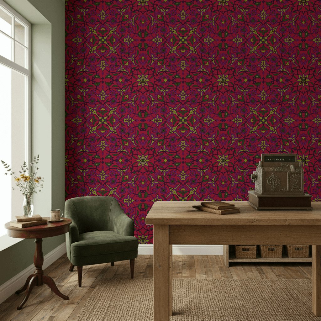 Rich Burgundy Art Deco Floral Wallpaper