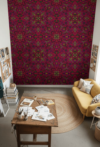Rich Burgundy Art Deco Floral Wallpaper