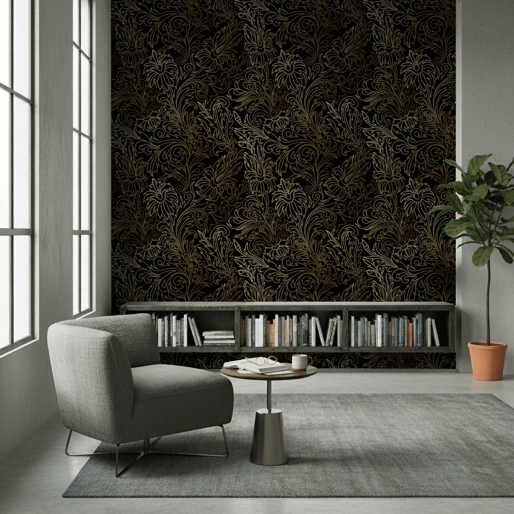 Gilded Gold Look Floral Pattern on Black Wallpaper
