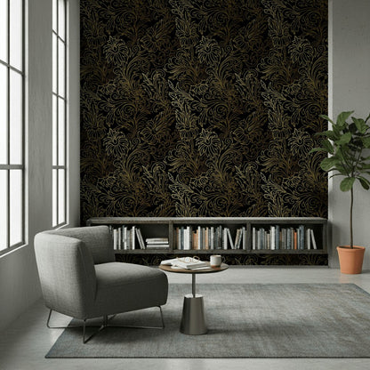 Gilded Gold Look Floral Pattern on Black Wallpaper