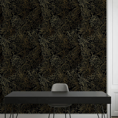 Gilded Gold Look Floral Pattern on Black Wallpaper