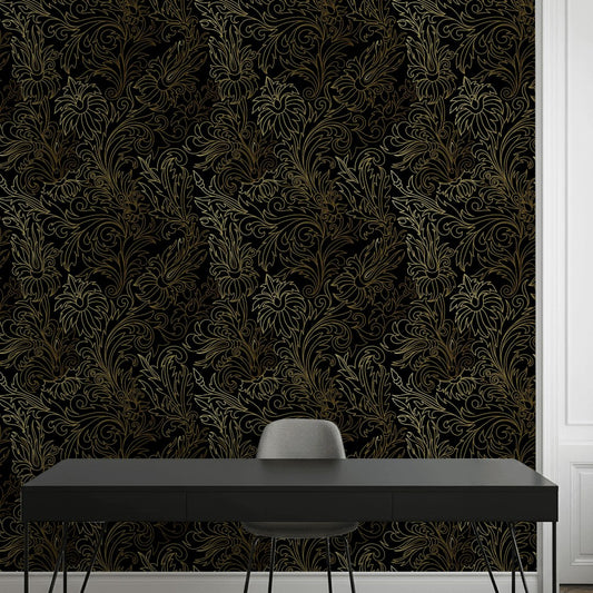 Gilded Gold Look Floral Pattern on Black Wallpaper
