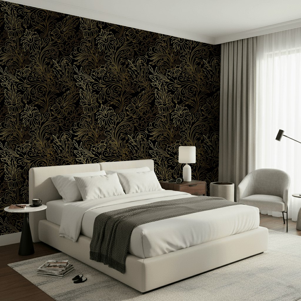 Gilded Gold Look Floral Pattern on Black Wallpaper