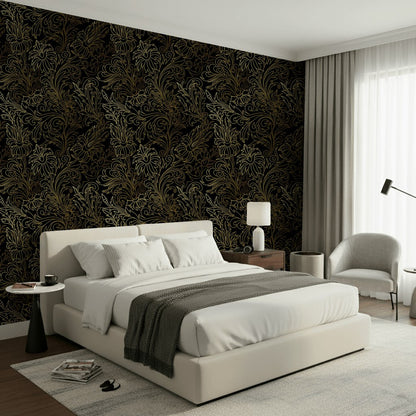 Gilded Gold Look Floral Pattern on Black Wallpaper