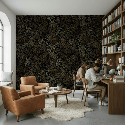 Gilded Gold Look Floral Pattern on Black Wallpaper