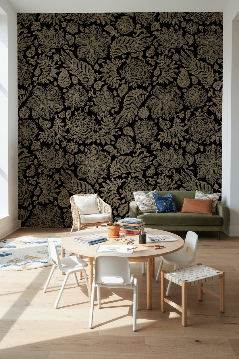 Luxurious Gold Look on Black Floral Pattern Wallpaper