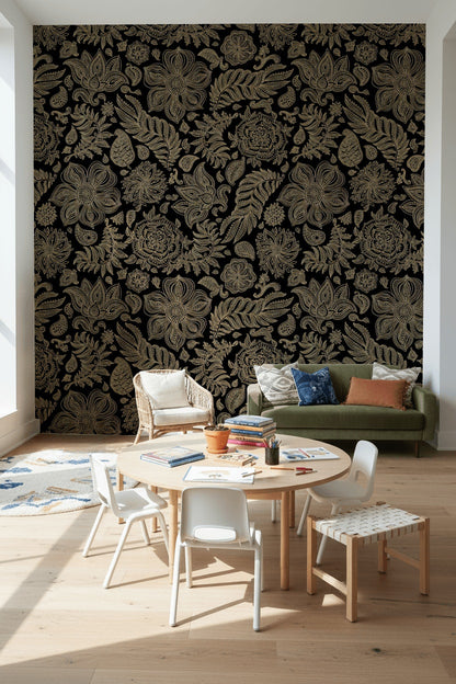 Luxurious Gold Look on Black Floral Pattern Wallpaper