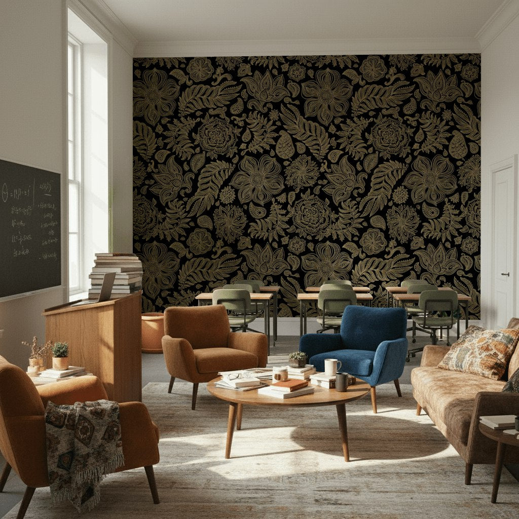 Luxurious Gold Look on Black Floral Pattern Wallpaper