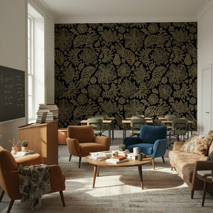 Luxurious Gold Look on Black Floral Pattern Wallpaper