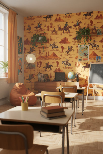 Vintage Beige Cowboy Western Scene Wallpaper