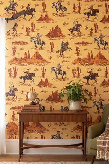 Vintage Beige Cowboy Western Scene Wallpaper
