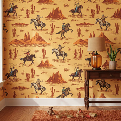 Vintage Beige Cowboy Western Scene Wallpaper