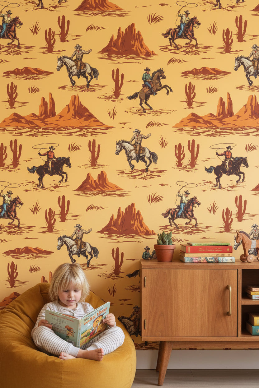 Vintage Beige Cowboy Western Scene Wallpaper
