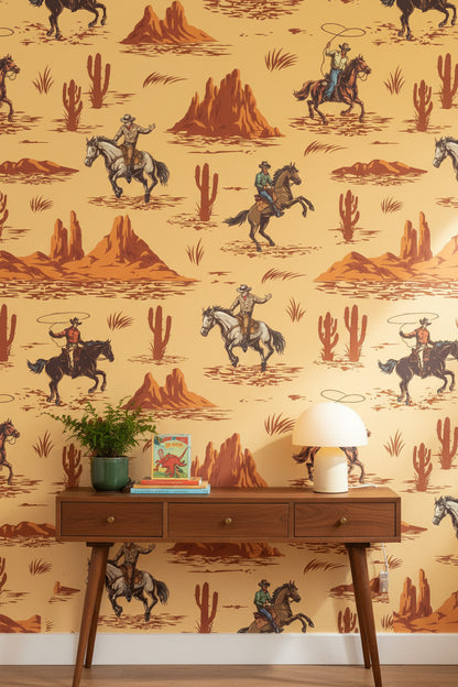 Vintage Beige Cowboy Western Scene Wallpaper
