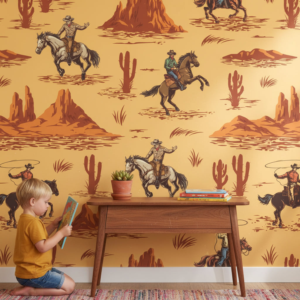 Vintage Beige Cowboy Western Scene Wallpaper