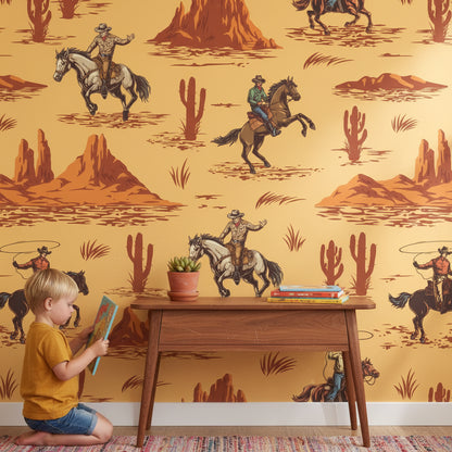 Vintage Beige Cowboy Western Scene Wallpaper