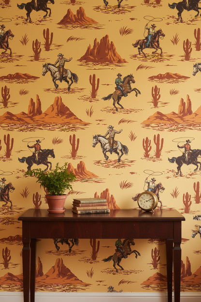 Vintage Beige Cowboy Western Scene Wallpaper