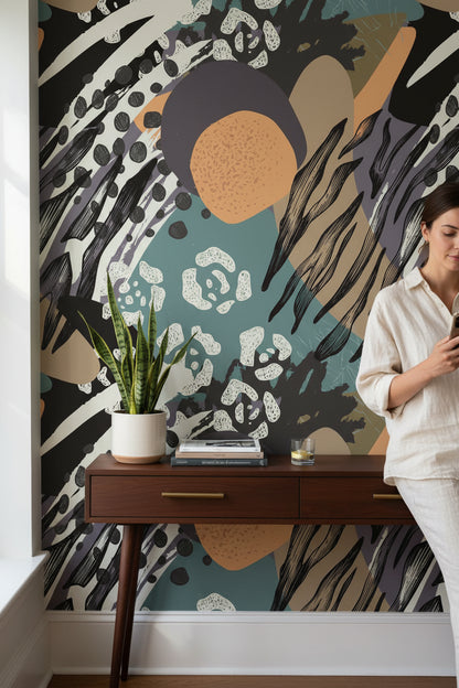 Bold Black and Teal Abstract Pattern Wallpaper