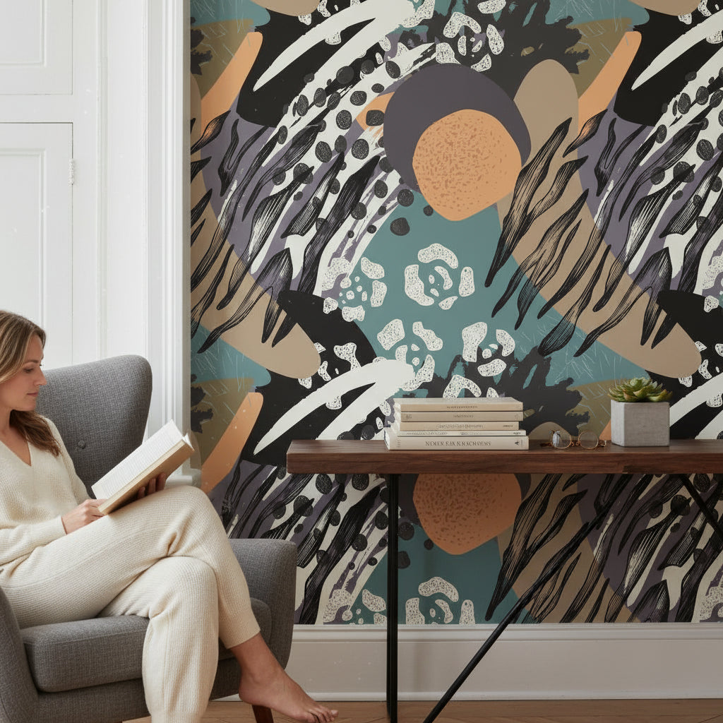 Bold Black and Teal Abstract Pattern Wallpaper