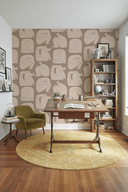 Neutral Beige Abstract Line Art Wallpaper