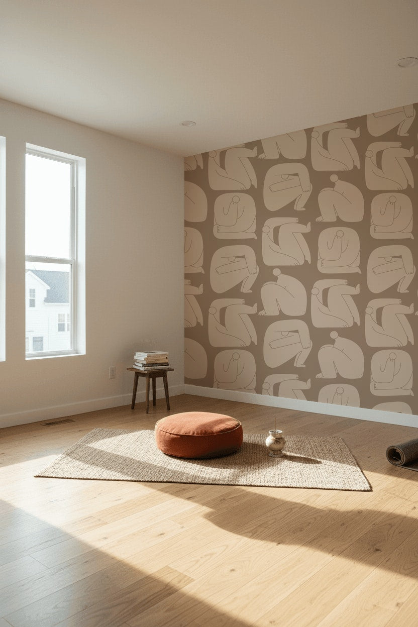Neutral Beige Abstract Line Art Wallpaper