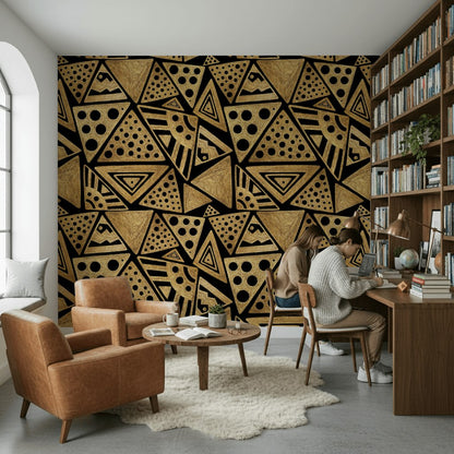 Gilded Black and Gold Look Geometric Art Deco Wallpaper