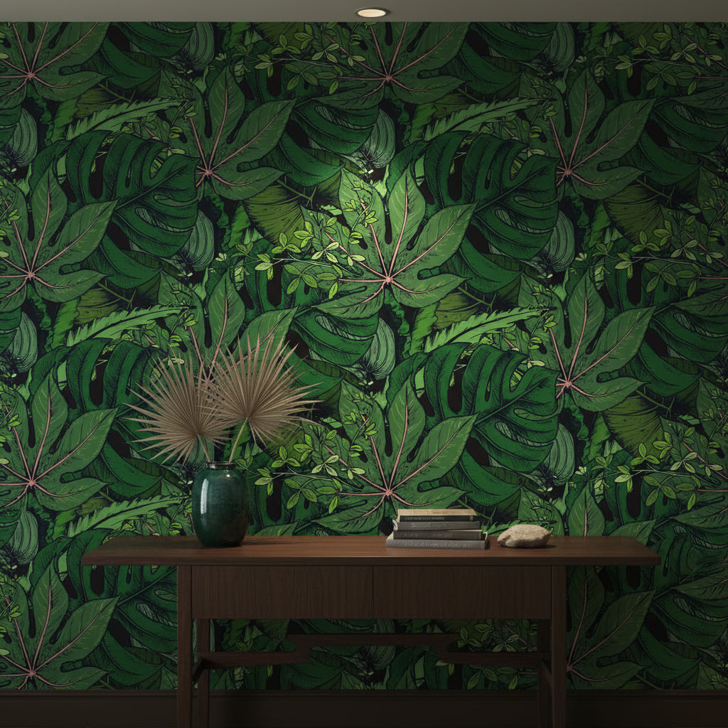 Deep Green Tropical Leaves Botanical Wallpaper